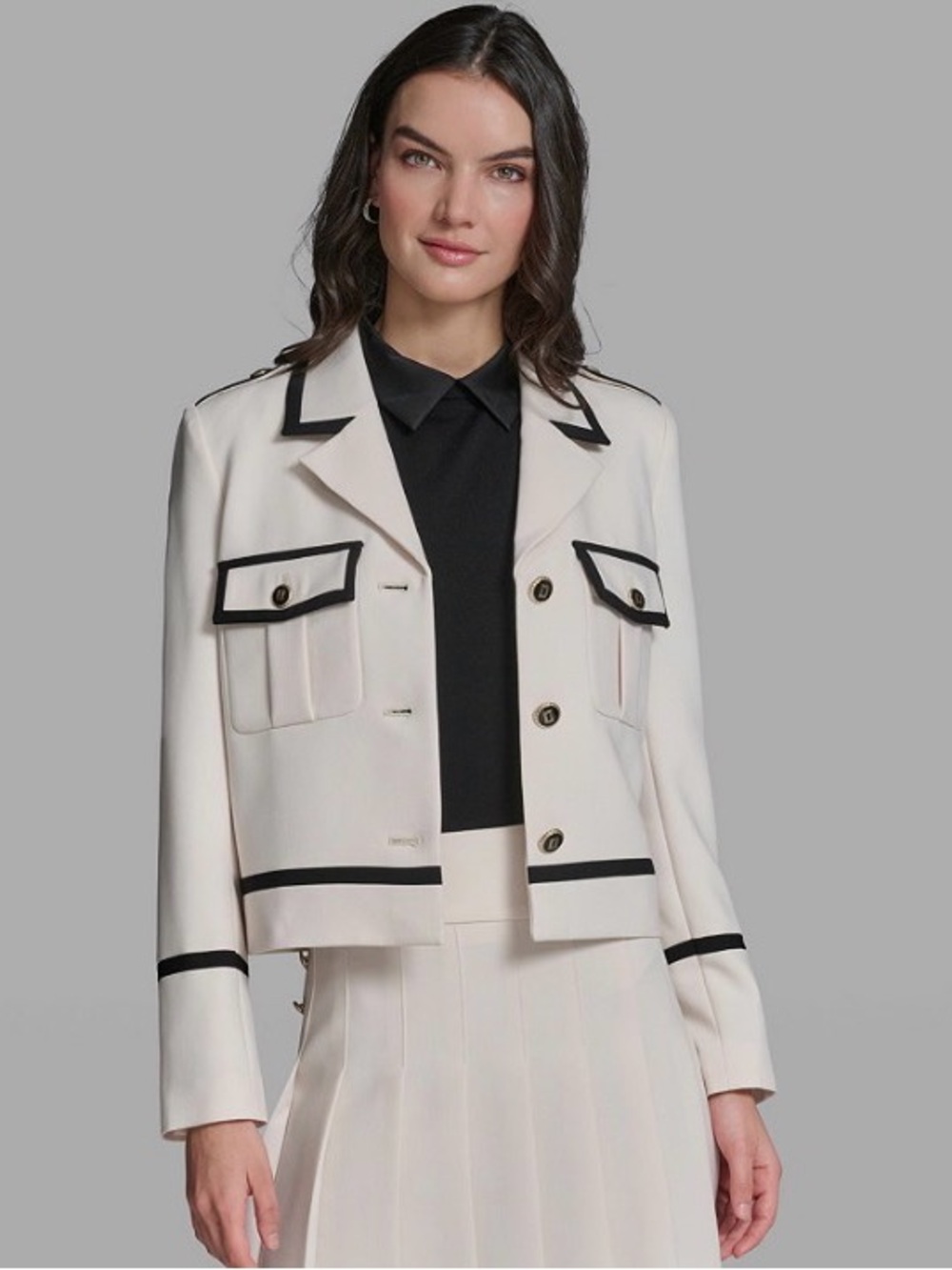 Karl Lagerfeld Cropped Cream Jacket with Black Trim